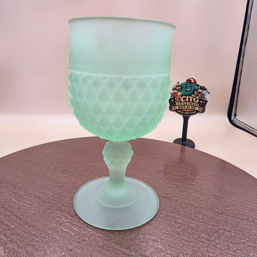 Vintage Frosted Green Uranium Glass Goblet Diamond Point Satin Glow Glassware